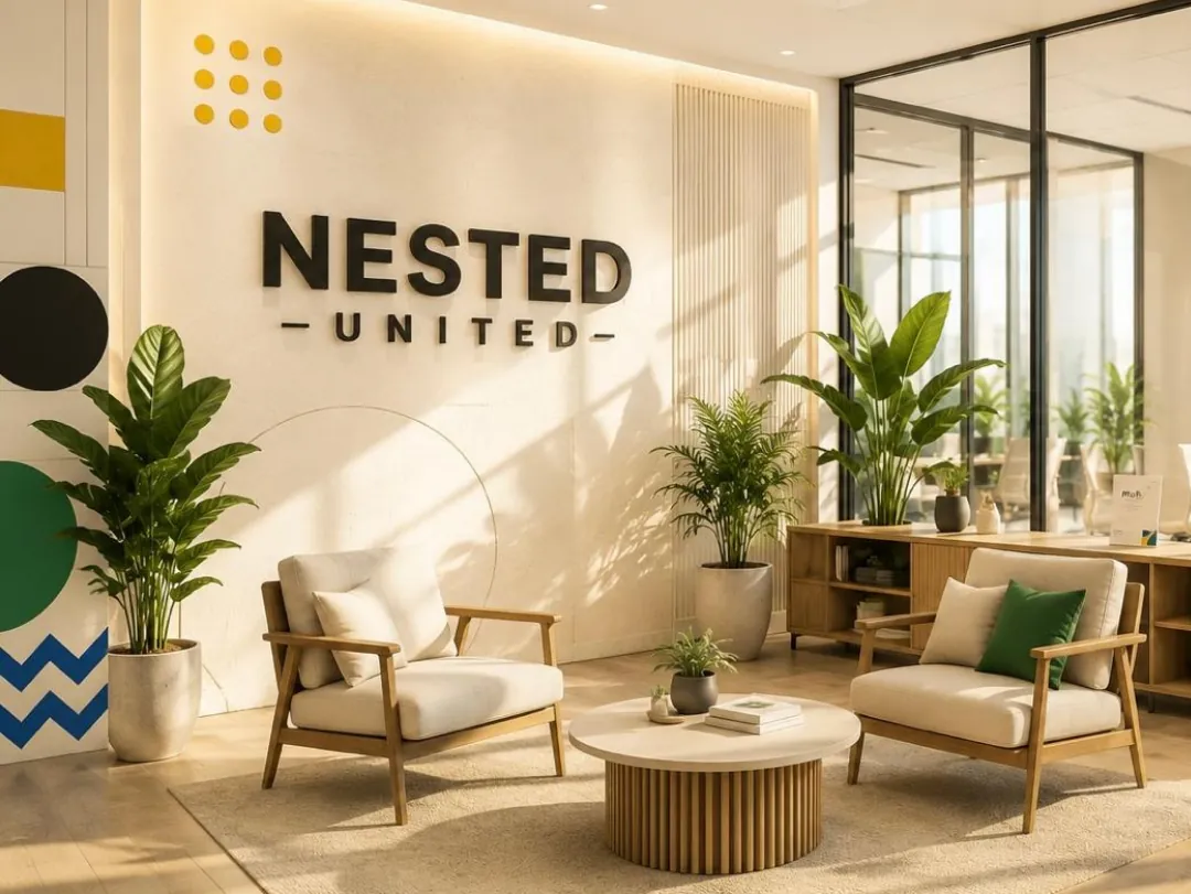 Nested United modern office interior with team collaboration spaces